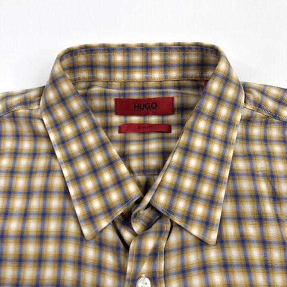 HUGO BOSS Mens SLIM FIT XL Long Sleeve Button Up Shirt Yellow Plaid - Picture 1 of 6